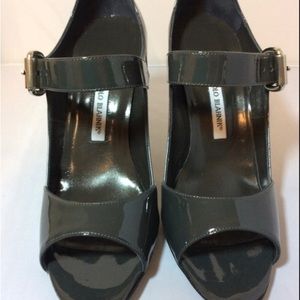 ISO Manolo Blahnik Gray patent Mary Jane open toe platform heels sz 11 or 11 1/2